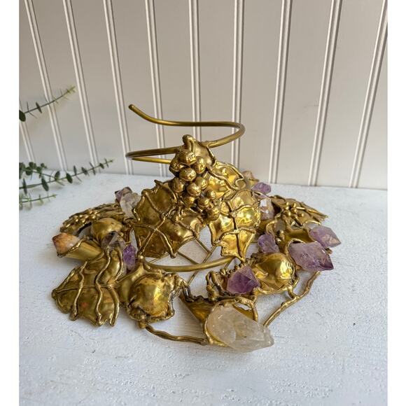 Vintage Handcrafted Brass Wine Bottle Holder | Amethyst & Quartz Gemstone - Picture 1 of 13